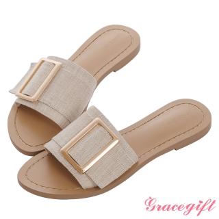 【Grace Gift】寬布帶金屬方釦平底拖鞋(米白)