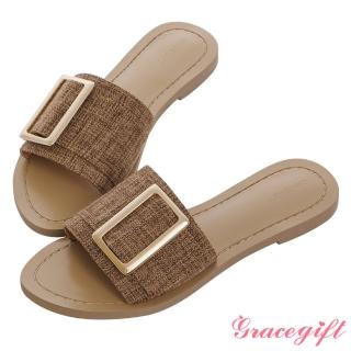 【Grace Gift】寬布帶金屬方釦平底拖鞋(棕)