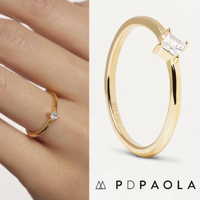 【PD PAOLA】西班牙時尚潮牌 公主切割單鑽戒指 簡約金色戒指 OBI(925純銀鑲18K金)