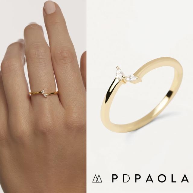 【PD PAOLA】西班牙時尚潮牌 欖尖切割雙鑽戒指 簡約金色戒指 EVA(925純銀鑲18K金)