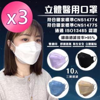 【順易利】立體醫用口罩未滅菌3盒組-10片/盒(4D成人立體)