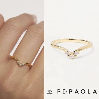 【PD PAOLA】西班牙時尚潮牌 圓形明亮切割3鑽戒指 V形金色戒指 MINI CROWN(925純銀鑲18K金)