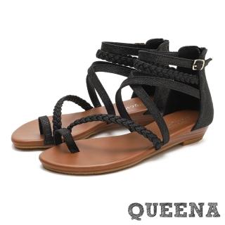 【QUEENA】羅馬涼鞋 夾腳涼鞋/經典指環編織繞帶造型時尚低跟羅馬涼鞋(黑)