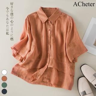 【ACheter】復古刺繡薄款棉麻五分袖寬鬆襯衫短版上衣#113409現貨+預購(4色)