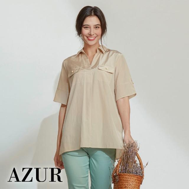 【AZUR】寬版翻摺口袋素面襯衫-2色