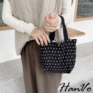 【HanVo】小巧日系小清新皺皺花布手提包(日常外出便攜容量剛剛好 韓系簡單手提小包 女生配件 A1066)
