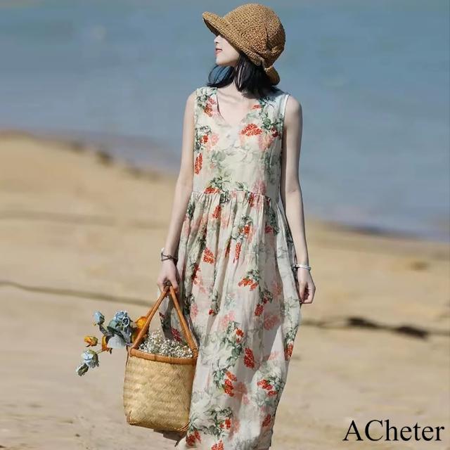 【ACheter】渡假風情印花顯瘦寬鬆背心連身長版洋裝#113417現貨+預購(花紋)