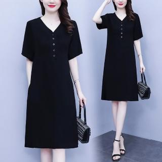 【麗質達人】9393黑色簡約短袖洋裝AA(L-5XL)