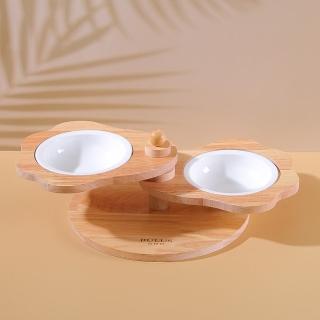 【寵物愛家】寵物木製架雙層陶瓷寵物碗(寵物食用碗)