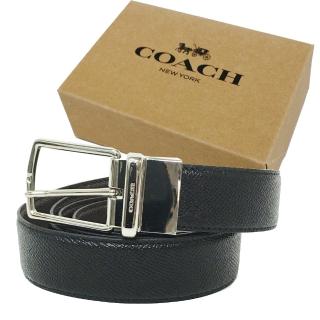 【COACH】經典LOGO細紋牛皮商務男款皮帶禮盒(黑)