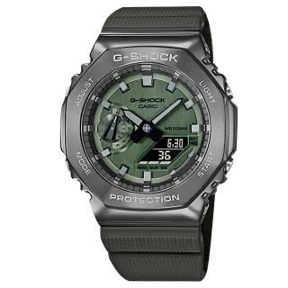 【CASIO 卡西歐】G-SHOCK 軍事風格 八角金屬 雙顯 防水200米 橡膠手錶 綠x灰框 45mm(GM-2100B-3A)