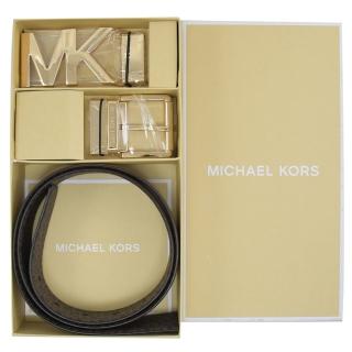 【Michael Kors】品牌字母MK LOGO雙頭雙面雙材質皮帶禮盒組(深咖/咖)