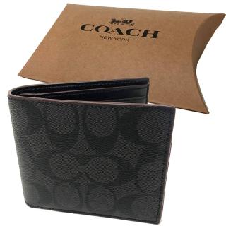 【COACH】C LOGO 8卡男款短夾附活動證件夾禮盒(黑褐)