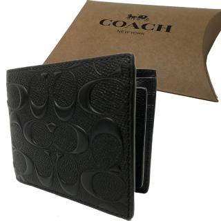 【COACH】浮雕C LOGO 8卡男款短夾附活動證件夾禮盒(浮雕黑)