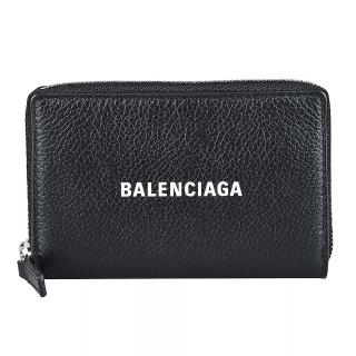 【Balenciaga 巴黎世家】CASH經典白字LOGO牛皮拉鍊卡夾(黑x白字)