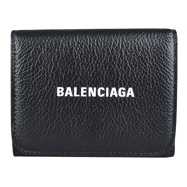 【Balenciaga 巴黎世家】CASH經典白字LOGO牛皮拉鍊零錢扣式三折短夾(黑x白字)