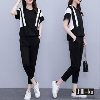 【JILLI-KO】兩件套黑白條紋寬鬆時尚休閒運動套裝-F(黑)
