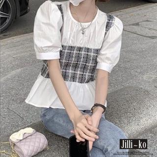 【JILLI-KO】買一送一 韓版時尚質感格紋馬甲造型泡泡袖上衣-F(白)
