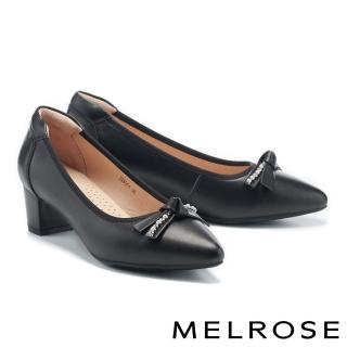 【MELROSE】素雅氣質晶鑽蝴蝶結異材質拼接尖頭高跟鞋(黑)