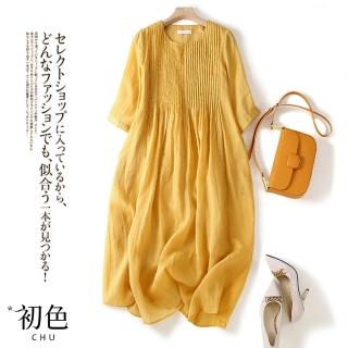 【初色】涼爽透氣棉麻風圓領百摺修飾素色短袖連衣裙洋裝-黃色-63226(M-2XL可選)