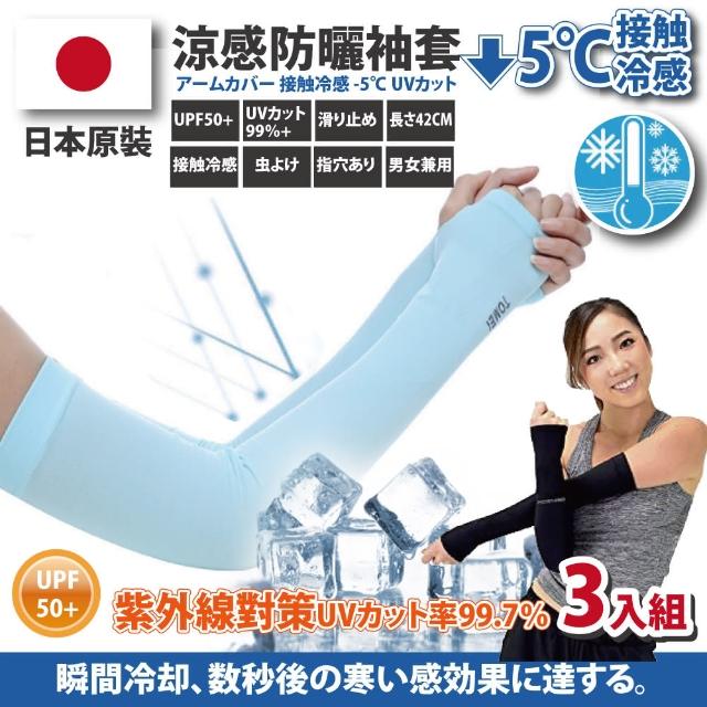 【Akiko Sakai】3入組 日本原裝-紫外線對策接觸冷感速降5℃防曬涼爽成人指孔袖套(生日 送禮 禮物)
