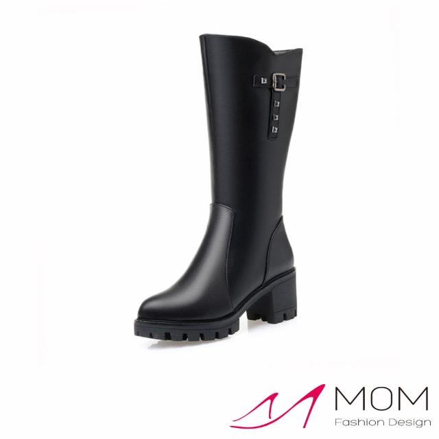 【MOM】鉚釘中筒靴 粗跟中筒靴/質感鉚釘造型保暖粗跟中筒靴(黑)