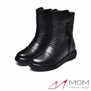【MOM】真皮短靴 厚底短靴/真皮頭層牛皮保暖羊毛內裡簡約折線造型厚底短靴(黑)