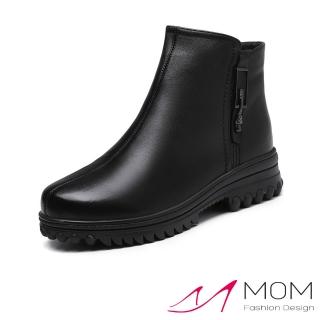 【MOM】真皮短靴 厚底短靴/真皮頭層牛皮保暖機能羊毛內裡金屬釦造型厚底短靴(黑)