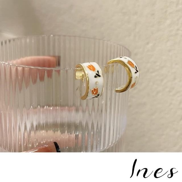 【INES】韓國設計925銀針復古清新小花滴釉C圈造型耳環(S925銀針耳環 滴釉耳環 C圈耳環)