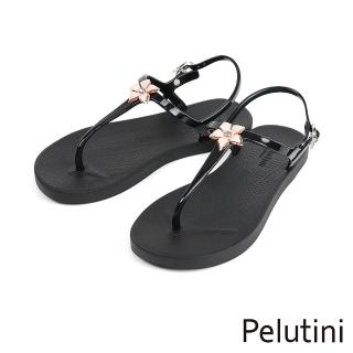 【Pelutini】花朵配飾亮面夾腳T字涼鞋 黑色(1211W-BL)