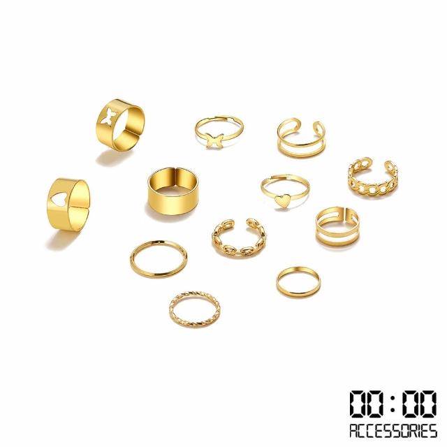 【00:00】歐美時尚個性圖樣縷空造型戒指12件套組(圖樣戒指 縷空戒指)