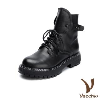 【Vecchio】真皮馬丁靴/全真皮頭層牛皮百搭復古英倫風皮帶釦飾拼接造型馬丁靴(黑)