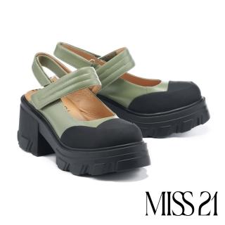 【MISS 21】荒野少女率性拼接蓬蓬條帶牛皮厚底鞋(綠)