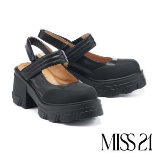 【MISS 21】荒野少女率性拼接蓬蓬條帶牛皮厚底鞋(黑)