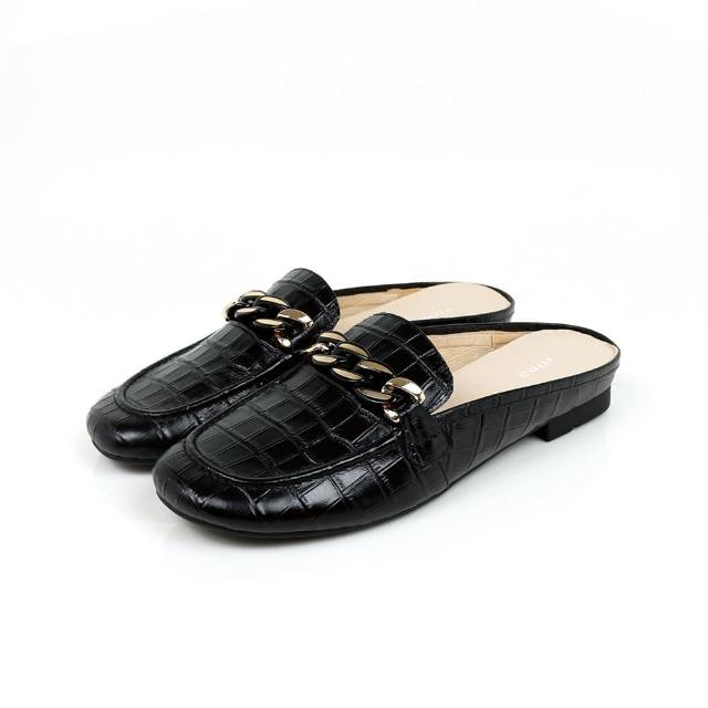 【viina】時尚鱷魚紋鍊帶穆勒鞋-黑(樂福穆勒鞋)