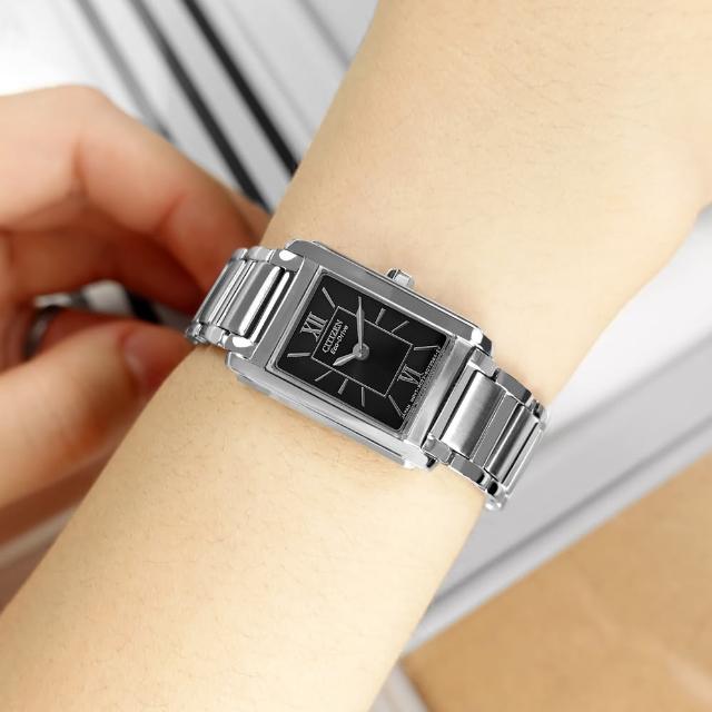 【CITIZEN 星辰】光動能 復古方型 羅馬刻度 礦石強化玻璃 不鏽鋼手錶 黑色 18mm(FRA36-2431)
