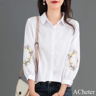 【ACheter】春秋新款白色棉七分袖時尚修身襯衫上衣#113546現貨+預購(白色)