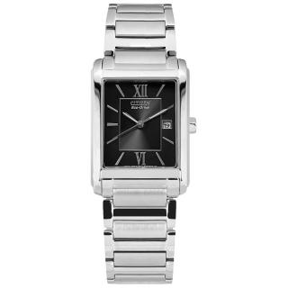 【CITIZEN 星辰】光動能 復古方型 羅馬刻度 礦石強化玻璃 日期 不鏽鋼手錶 黑色 26mm(FRA59-2431)