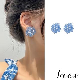 【INES】韓國設計925銀針克萊茵藍山茶花珍珠花朵造型耳環(925銀針耳環 山茶花耳環 珍珠耳環)