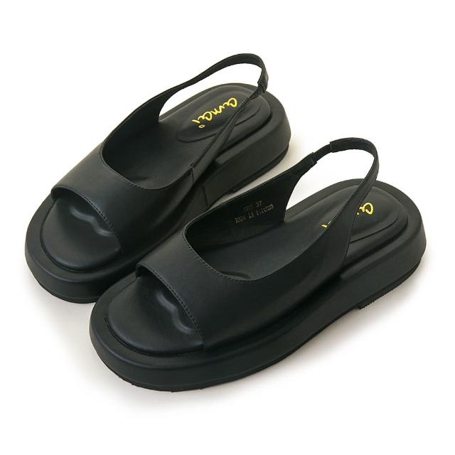 【amai】一字帶魚嘴厚底涼鞋 魚嘴涼鞋 一字帶涼鞋 厚底涼鞋 鬆糕涼鞋 鬆緊 大尺碼 S65BK(黑色)