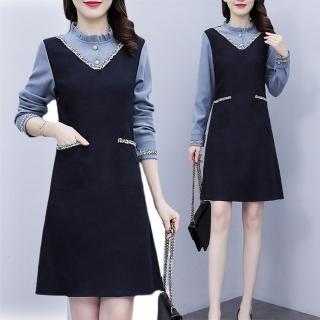 【麗質達人】6801黑藍假二件洋裝AA(L-5XL)