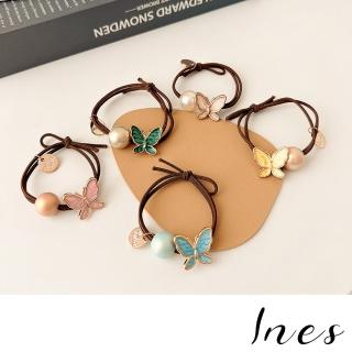 【INES】珍珠髮繩 彩釉髮繩 蝴蝶髮繩/韓國設計浪漫珍珠彩釉蝴蝶造型髮繩 髮圈(5色任選)