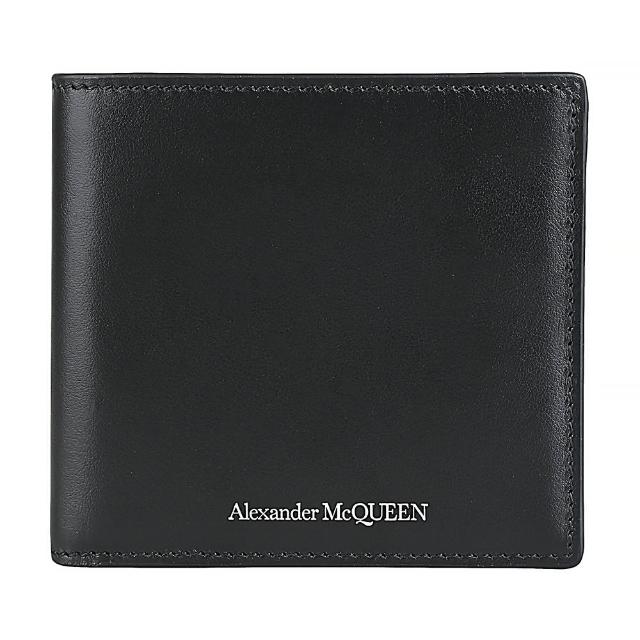 【ALEXANDER MCQUEEN】ALEXANDER McQUEEN白字LOGO小牛皮8卡對折短夾(黑)