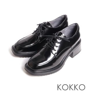 【KOKKO 集團】英倫風亮皮微寬楦綁帶厚底鞋(黑色)