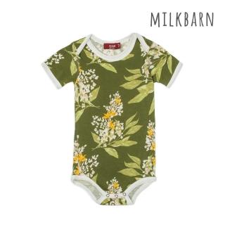 【Milkbarn】嬰兒 竹纖維包屁衣-短袖-綠底花(包屁衣 嬰兒上衣)