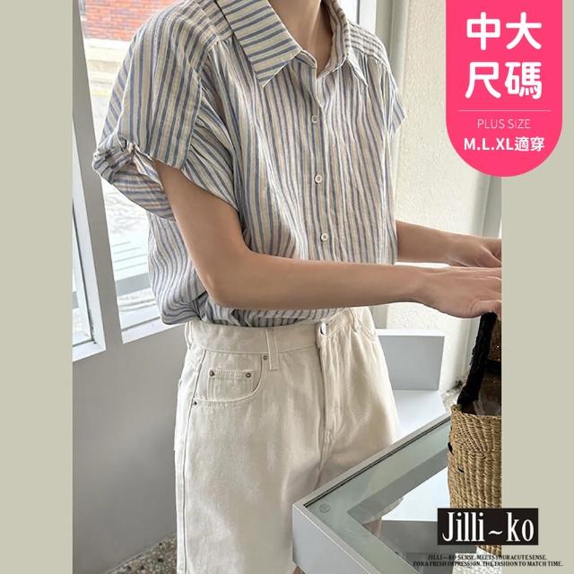 【JILLI-KO】法式CHIC風條紋寬鬆短袖襯衫-F(藍)