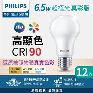 【Philips 飛利浦】6.5W 超極光真彩版 LED燈泡 12入組(白光/自然光/黃光★新版綠盒)