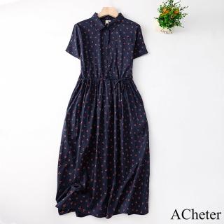 【ACheter】印花襯衫式復古文藝短袖長款連身裙洋裝#119018(藍)