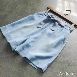 【ACheter】萊賽爾蝴蝶結天絲質感鬆緊高腰闊腿牛仔短褲#119031(藍)