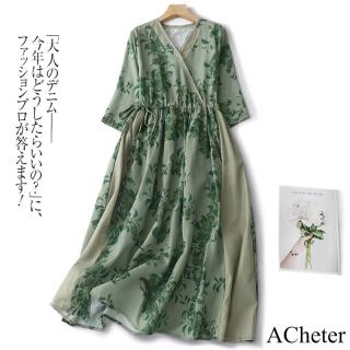 【ACheter】復古文藝印花拼接連身裙寬鬆顯瘦V領國風七分袖長裙洋裝#119053(綠)